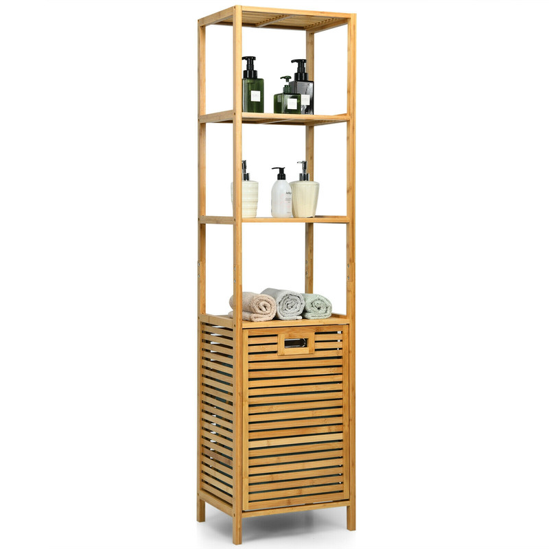 Bamboo Tower Hamper Organizer with 3-Tier Storage Shelves, Tilt-Out Laundry Sorter & Removable Liner for Bathroom