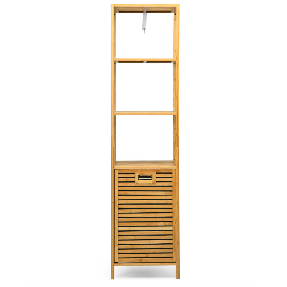 Bamboo Tower Hamper Organizer with 3-Tier Storage Shelves, Tilt-Out Laundry Sorter & Removable Liner for Bathroom