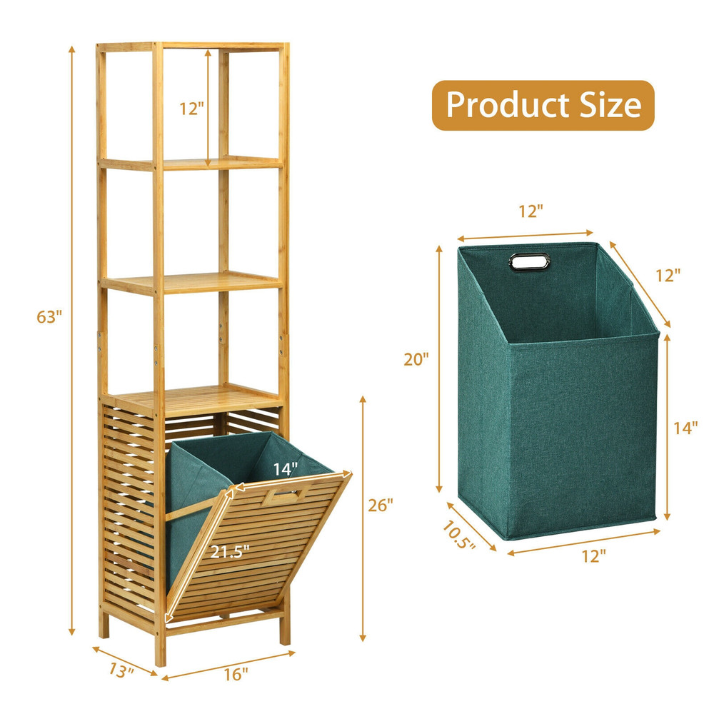 Bamboo Tower Hamper Organizer with 3-Tier Storage Shelves, Tilt-Out Laundry Sorter & Removable Liner for Bathroom