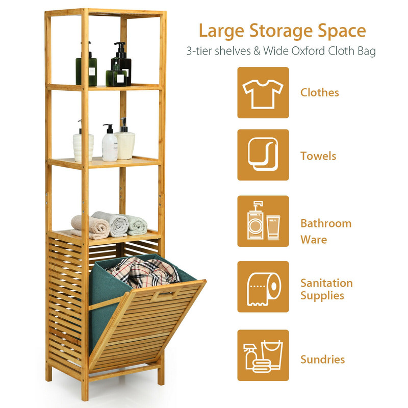 Bamboo Tower Hamper Organizer with 3-Tier Storage Shelves, Tilt-Out Laundry Sorter & Removable Liner for Bathroom