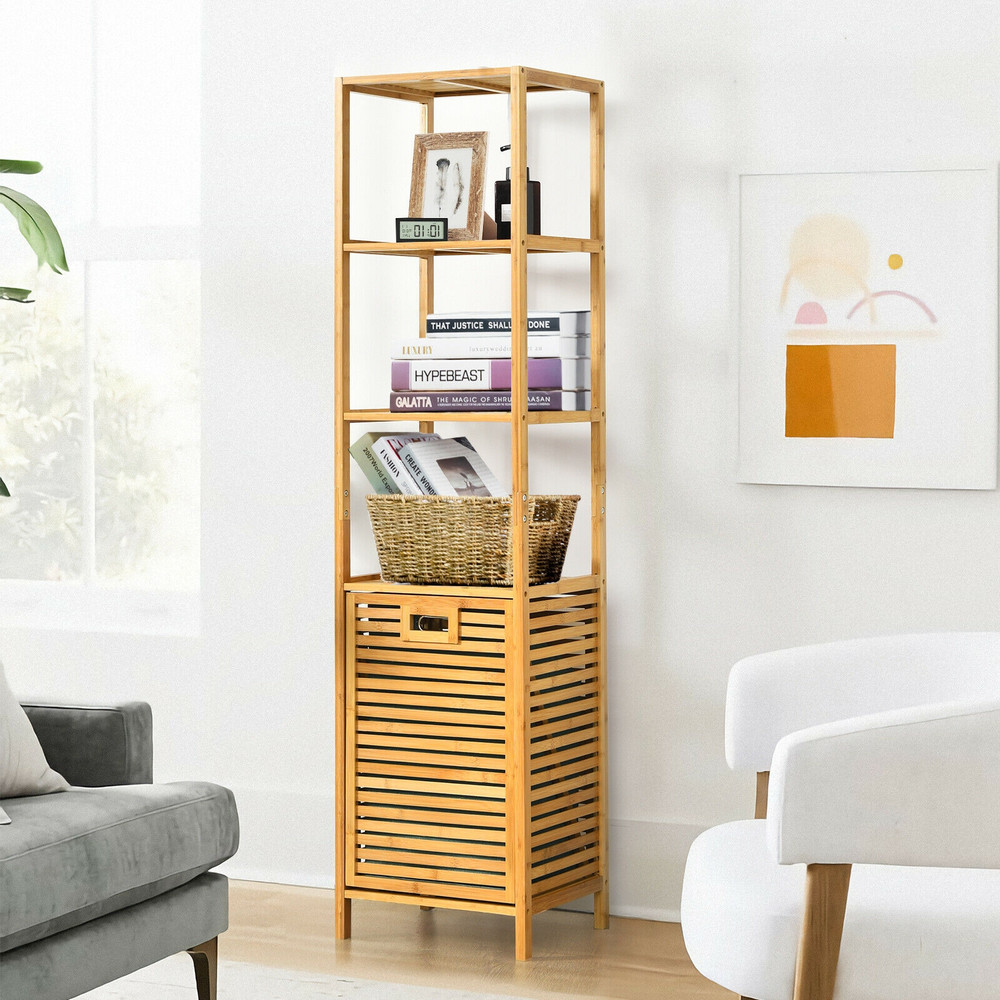 Bamboo Tower Hamper Organizer with 3-Tier Storage Shelves, Tilt-Out Laundry Sorter & Removable Liner for Bathroom