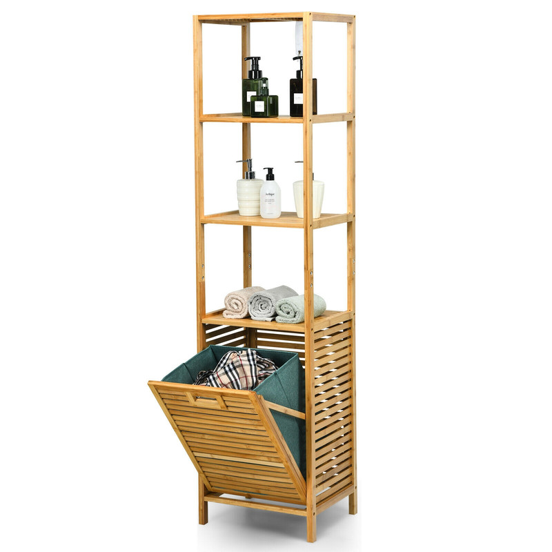 Bamboo Tower Hamper Organizer with 3-Tier Storage Shelves, Tilt-Out Laundry Sorter & Removable Liner for Bathroom