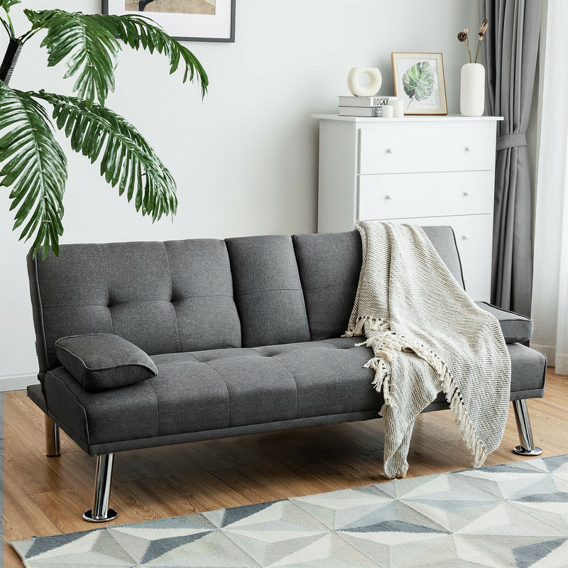 Convertible Folding Futon Sofa Bed Fabric Couch with 2 Cup Holders & Adjustable Backrest for Small Spaces, Guest Room