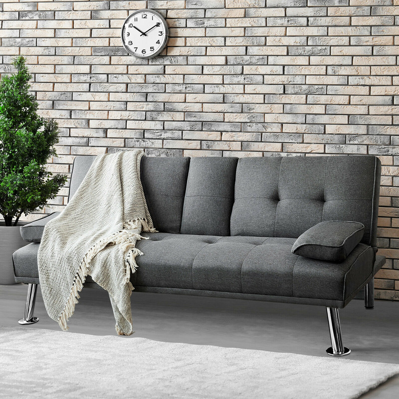 Convertible Folding Futon Sofa Bed Fabric Couch with 2 Cup Holders & Adjustable Backrest for Small Spaces, Guest Room
