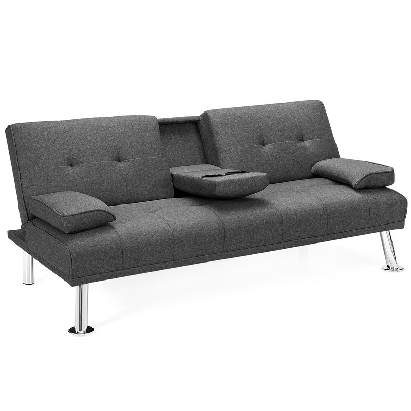 Convertible Folding Futon Sofa Bed Fabric Couch with 2 Cup Holders & Adjustable Backrest for Small Spaces, Guest Room