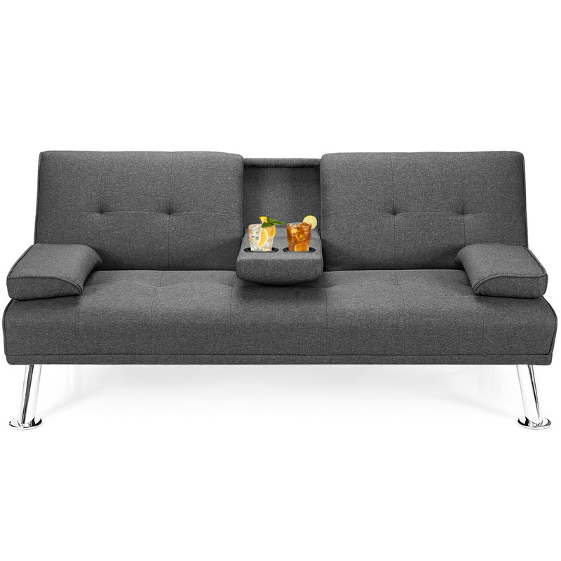 Convertible Folding Futon Sofa Bed Fabric Couch with 2 Cup Holders & Adjustable Backrest for Small Spaces, Guest Room