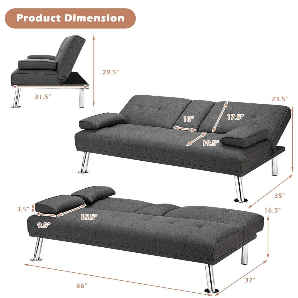 Convertible Folding Futon Sofa Bed Fabric Couch with 2 Cup Holders & Adjustable Backrest for Small Spaces, Guest Room