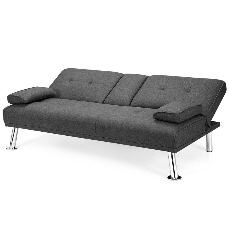 Convertible Folding Futon Sofa Bed Fabric Couch with 2 Cup Holders & Adjustable Backrest for Small Spaces, Guest Room
