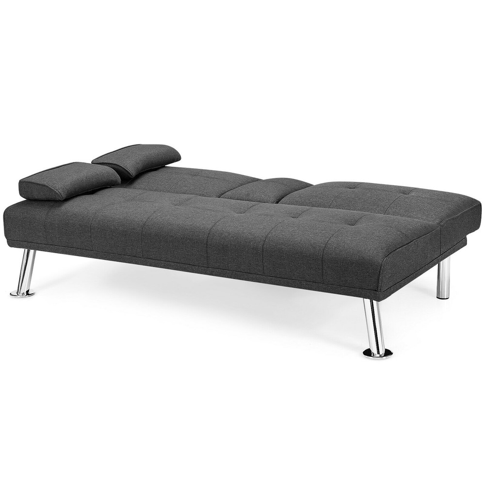 Convertible Folding Futon Sofa Bed Fabric Couch with 2 Cup Holders & Adjustable Backrest for Small Spaces, Guest Room