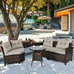 4 pieces outdoor cushioned rattan furniture set with glass table, patio garden wicker sofa set for backyard, deck