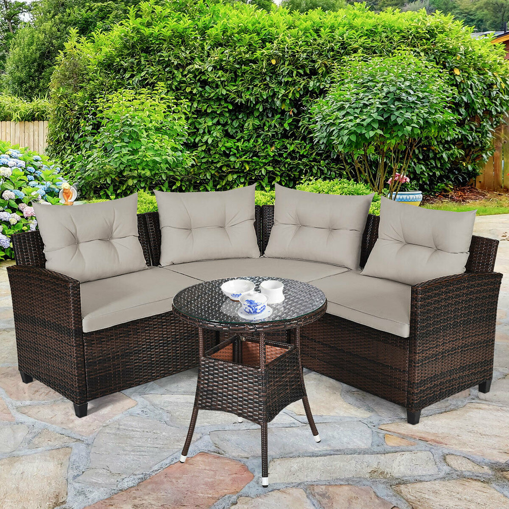 4 Pieces Outdoor Cushioned Rattan Furniture Set with Glass Table, Patio Garden Wicker Sofa Set for Backyard, Deck
