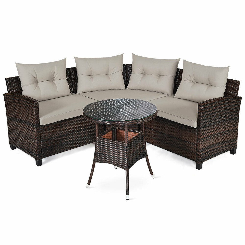 4 Pieces Outdoor Cushioned Rattan Furniture Set with Glass Table, Patio Garden Wicker Sofa Set for Backyard, Deck