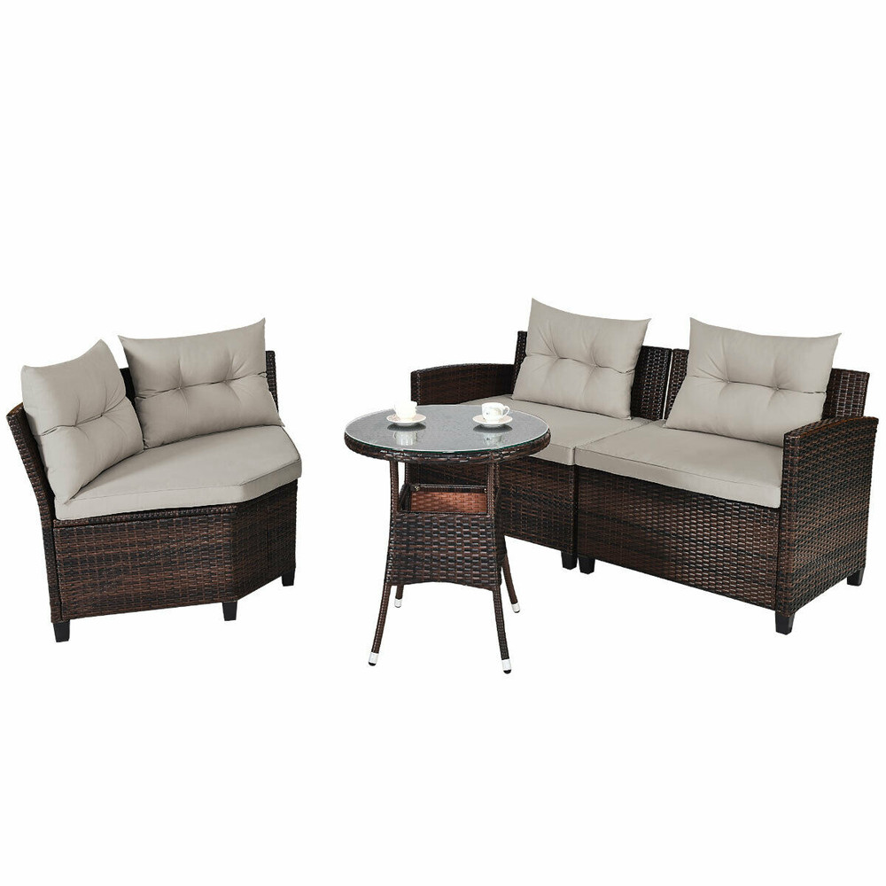 4 Pieces Outdoor Cushioned Rattan Furniture Set with Glass Table, Patio Garden Wicker Sofa Set for Backyard, Deck