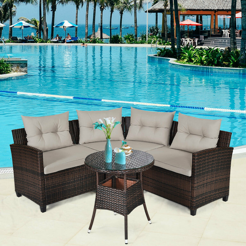 4 Pieces Outdoor Cushioned Rattan Furniture Set with Glass Table, Patio Garden Wicker Sofa Set for Backyard, Deck