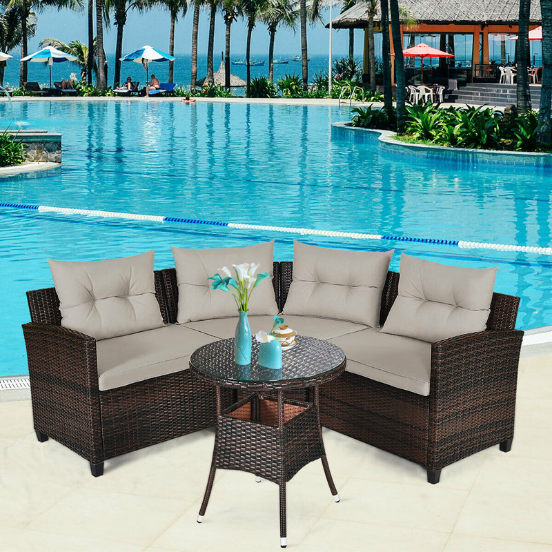 4 Pieces Outdoor Cushioned Rattan Furniture Set with Glass Table, Patio Garden Wicker Sofa Set for Backyard, Deck