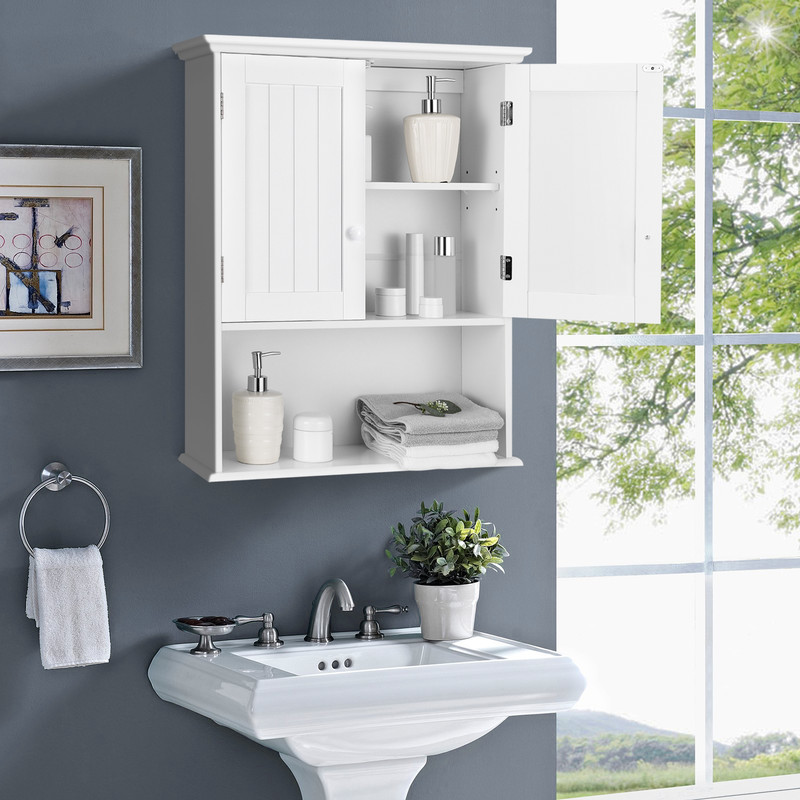 2-Door Wall Mount Bathroom Storage Cabinet with Open Shelf, White Hanging Organizer for Towels, Toiletries & Essentials