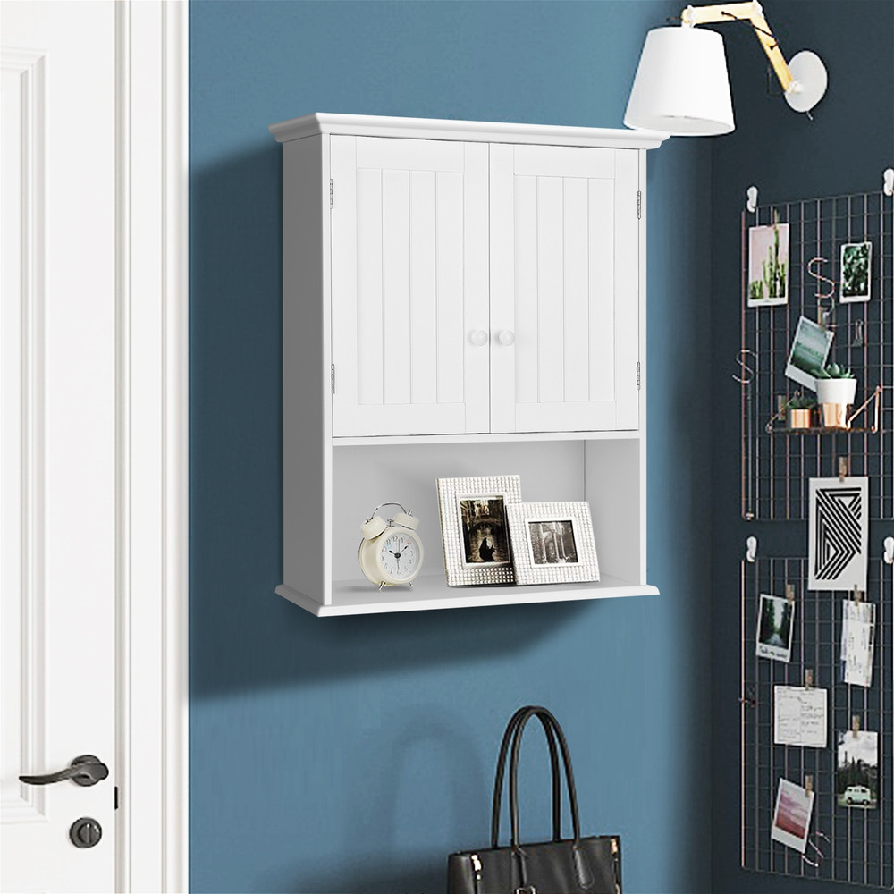 2-Door Wall Mount Bathroom Storage Cabinet with Open Shelf, White Hanging Organizer for Towels, Toiletries & Essentials