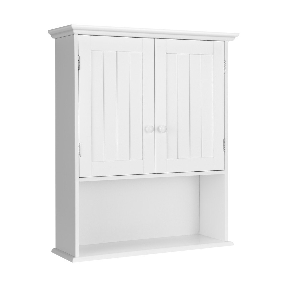 2-Door Wall Mount Bathroom Storage Cabinet with Open Shelf, White Hanging Organizer for Towels, Toiletries & Essentials