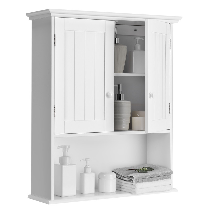 2-Door Wall Mount Bathroom Storage Cabinet with Open Shelf, White Hanging Organizer for Towels, Toiletries & Essentials