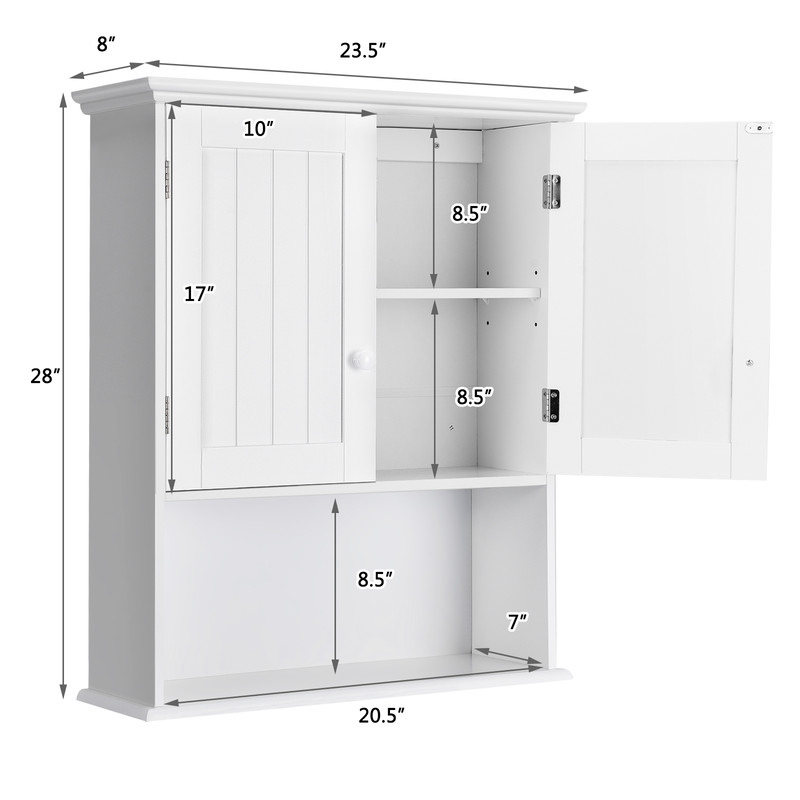 2-Door Wall Mount Bathroom Storage Cabinet with Open Shelf, White Hanging Organizer for Towels, Toiletries & Essentials