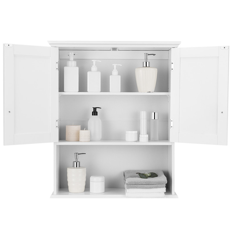 2-Door Wall Mount Bathroom Storage Cabinet with Open Shelf, White Hanging Organizer for Towels, Toiletries & Essentials