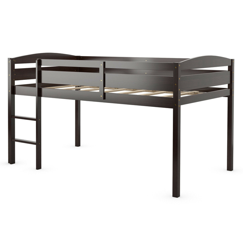 Wooden Twin Low Loft Bunk Bed with Guard Rail and Ladder for Kids Teens, Space-Saving Elevated Bed Frame for Small Room