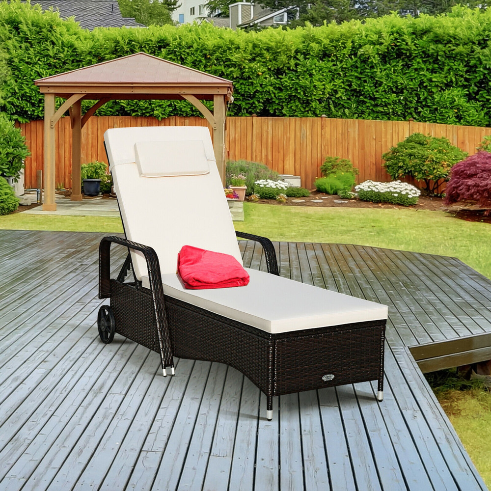 Patio Wicker Chaise Lounge Chair with Wheels – Adjustable Reclining Chair with Thick Cushions for Ultimate Comfort