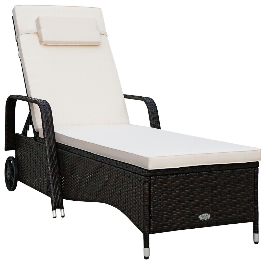 Patio Wicker Chaise Lounge Chair with Wheels – Adjustable Reclining Chair with Thick Cushions for Ultimate Comfort