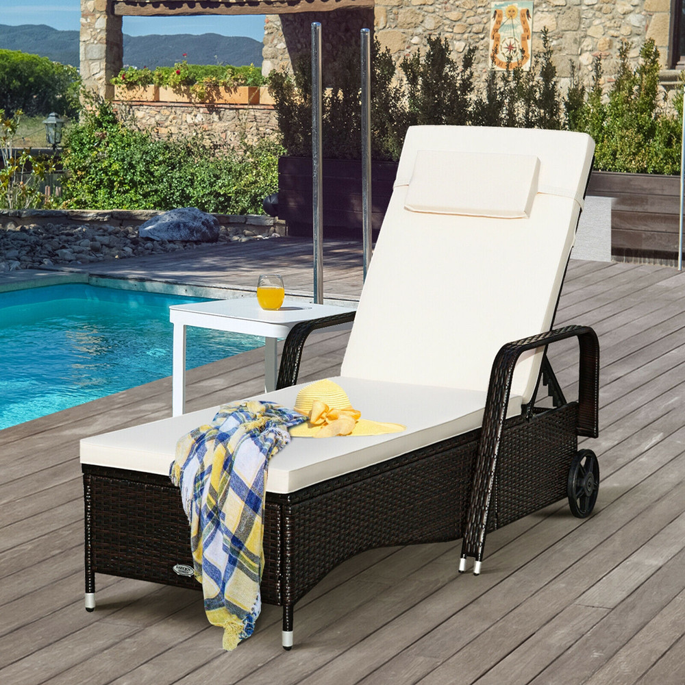 Patio Wicker Chaise Lounge Chair with Wheels – Adjustable Reclining Chair with Thick Cushions for Ultimate Comfort