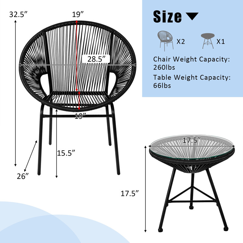 3-Piece Patio Acapulco Furniture Bistro Set with Glass Table – Modern Outdoor Seating