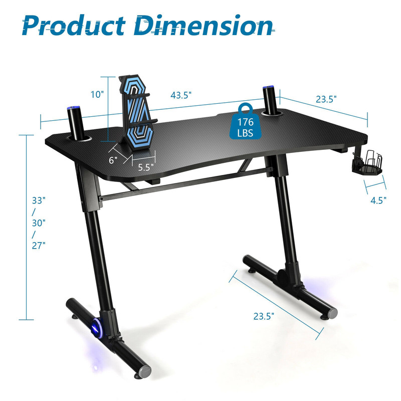 Ergonomic 43.5 Inch Gaming Desk – Height Adjustable, Blue LED Lights, Carbon Fiber Surface