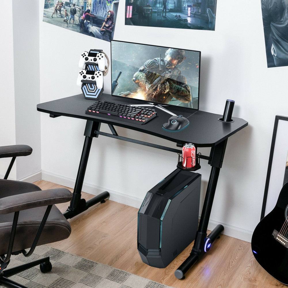 Ergonomic 43.5 Inch Gaming Desk – Height Adjustable, Blue LED Lights, Carbon Fiber Surface
