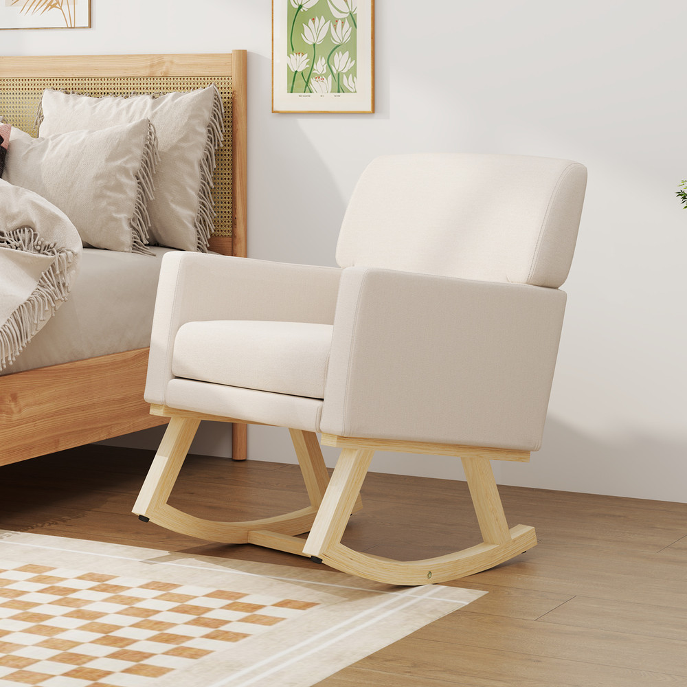 Stylish Upholstered Rocking Chair with Solid Wood Base – Indoor & Outdoor Comfort