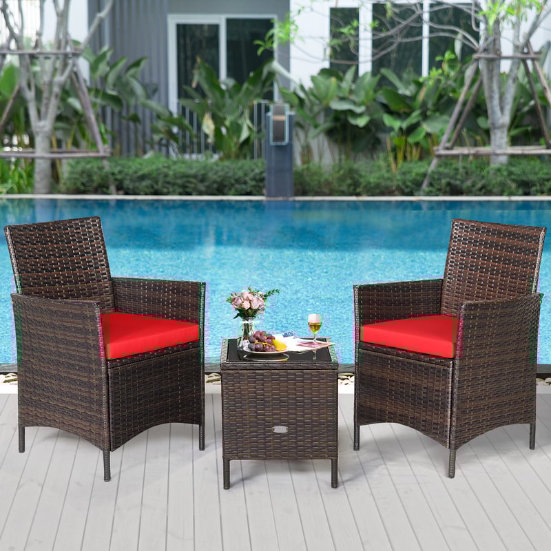 3-Piece Patio Cushioned Rattan Conversation Set with Glass Table Top – Outdoor Sofa & Coffee Table