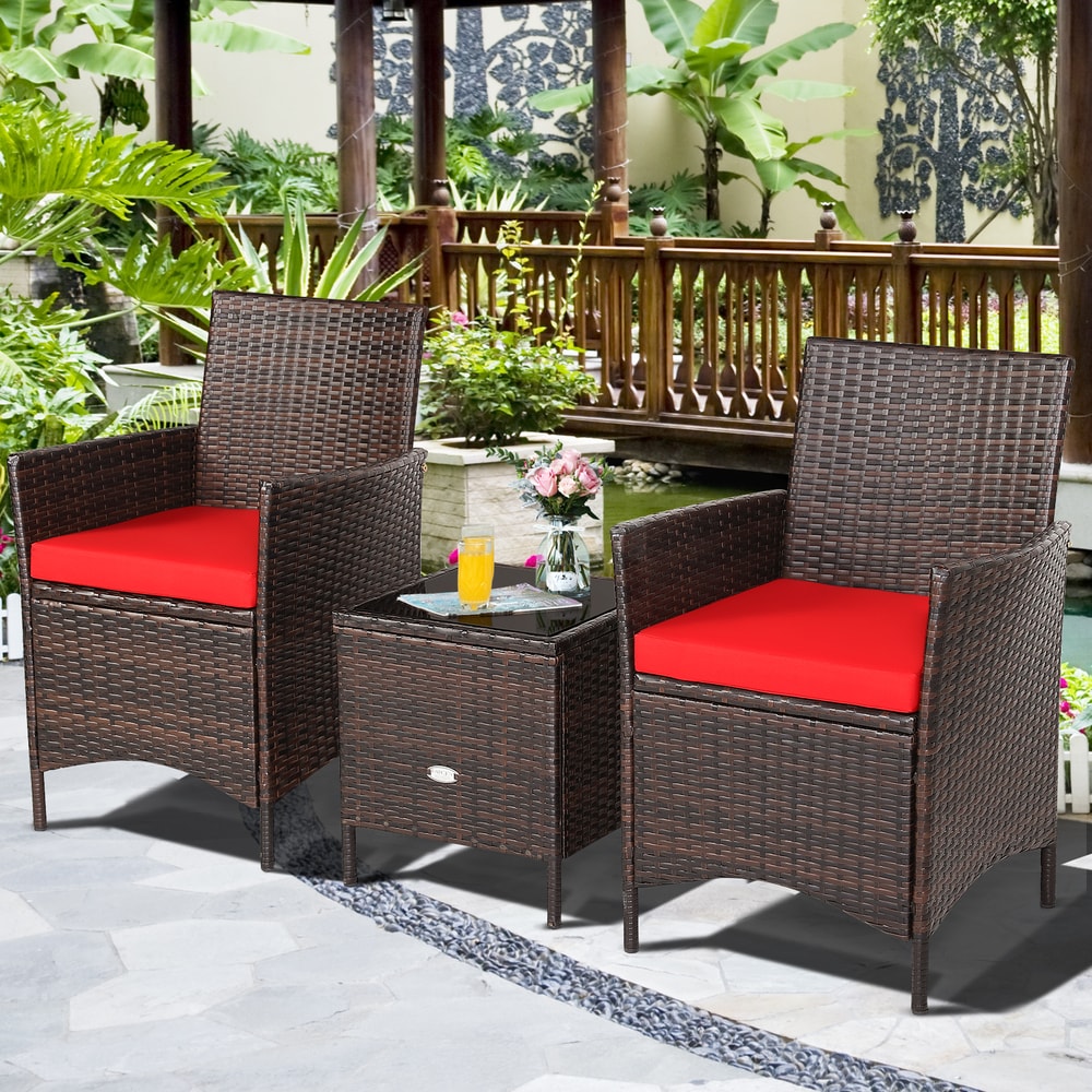 3-Piece Patio Cushioned Rattan Conversation Set with Glass Table Top – Outdoor Sofa & Coffee Table
