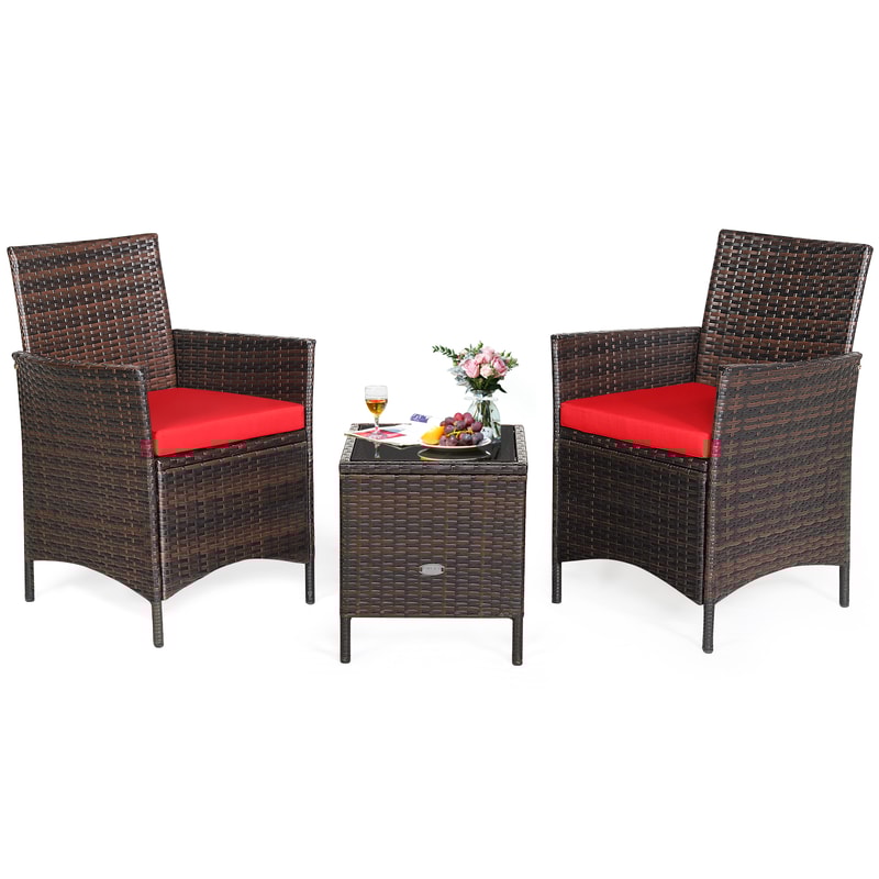 3-Piece Patio Cushioned Rattan Conversation Set with Glass Table Top – Outdoor Sofa & Coffee Table