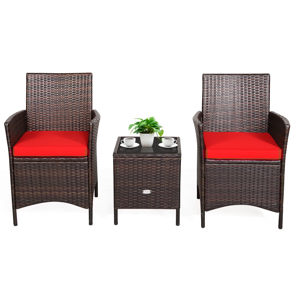 3-Piece Patio Cushioned Rattan Conversation Set with Glass Table Top – Outdoor Sofa & Coffee Table