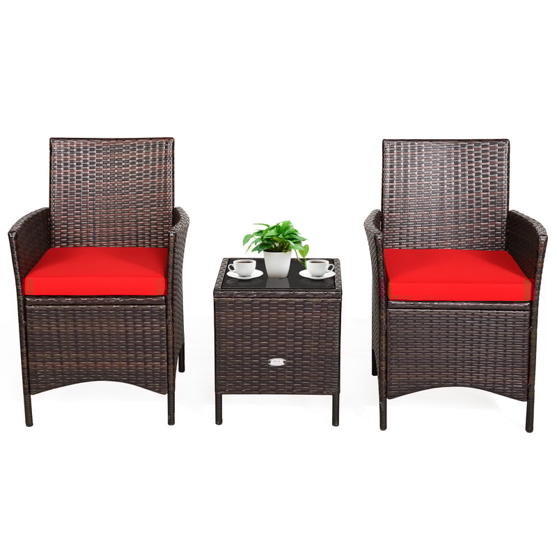 3-Piece Patio Cushioned Rattan Conversation Set with Glass Table Top – Outdoor Sofa & Coffee Table