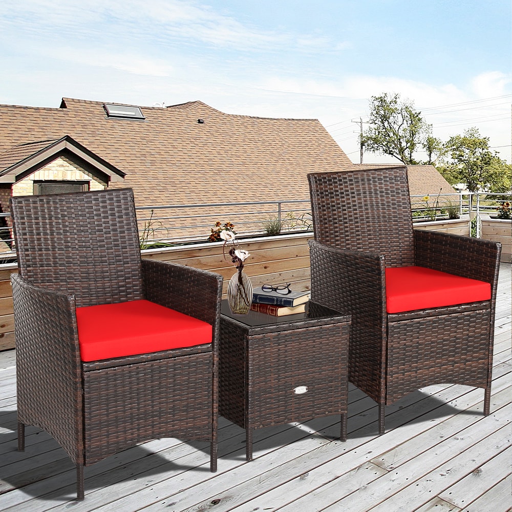 3-Piece Patio Cushioned Rattan Conversation Set with Glass Table Top – Outdoor Sofa & Coffee Table