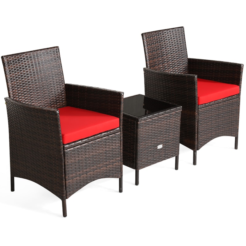 3-Piece Patio Cushioned Rattan Conversation Set with Glass Table Top – Outdoor Sofa & Coffee Table