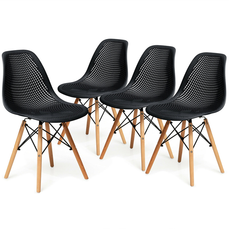 4-Piece Modern Plastic Hollow Chair Set with Wood Leg – Ergonomic & Stylish Dining Chairs
