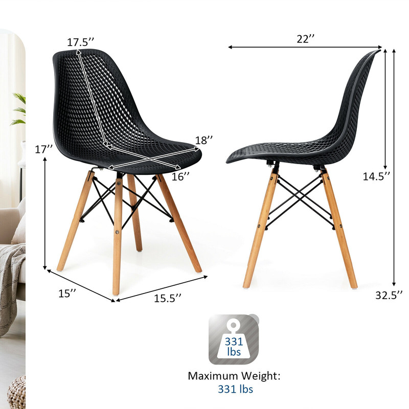 4-Piece Modern Plastic Hollow Chair Set with Wood Leg – Ergonomic & Stylish Dining Chairs