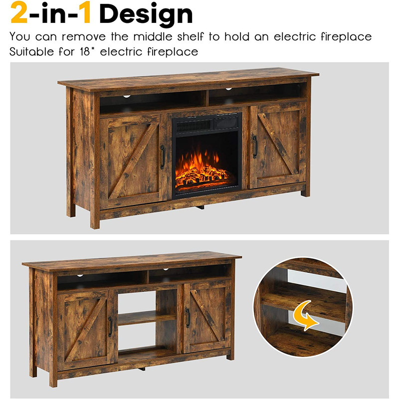 60 Inch Industrial Fireplace TV Stand with Shelve & Cabinet – Holds TVs Up to 65 Inches, Multi-Storage Media Console