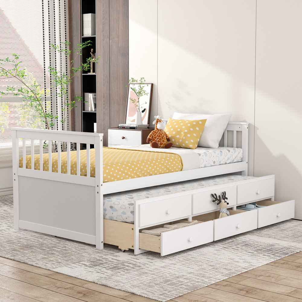 Wooden Twin Captains Bed With Trundle And Storage Drawers SpaceSaving Platform Bed With Guest Bed A 1