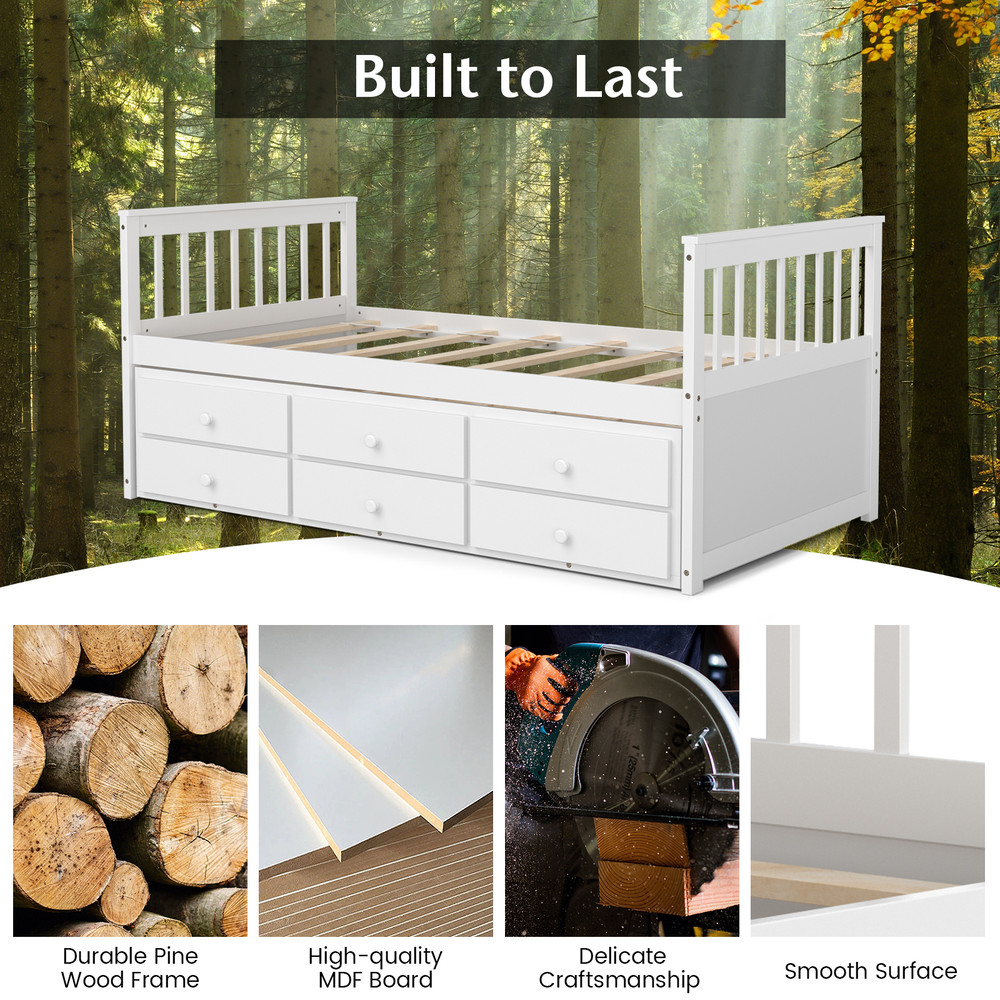 Wooden Twin Captains Bed With Trundle And Storage Drawers SpaceSaving Platform Bed With Guest Bed A 3