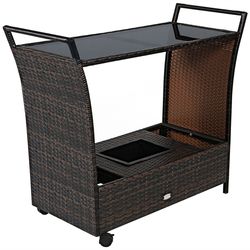 outdoor patio rattan bar serving cart with glass top and handle, elegant wicker drink station with storage, for backyard