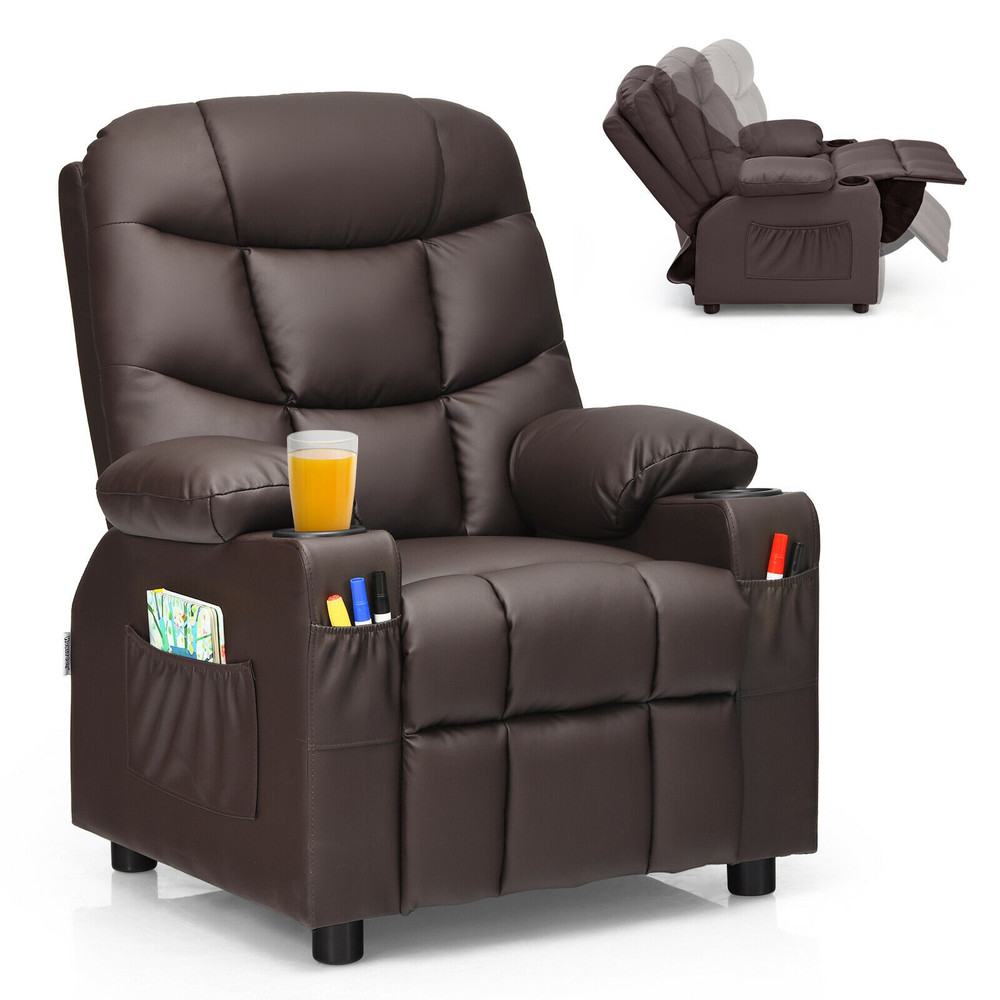 Premium Kids Recliner Chair With Cup Holder And Footrest PU Leather Toddler Lounger With Storage Po 0