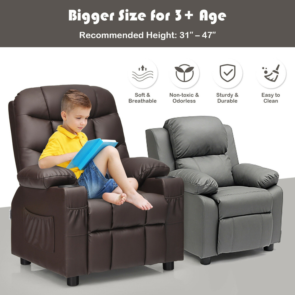 Premium Kids Recliner Chair With Cup Holder And Footrest PU Leather Toddler Lounger With Storage Po 3