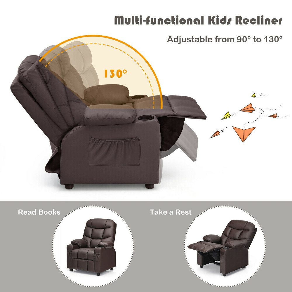 Premium Kids Recliner Chair With Cup Holder And Footrest PU Leather Toddler Lounger With Storage Po 4