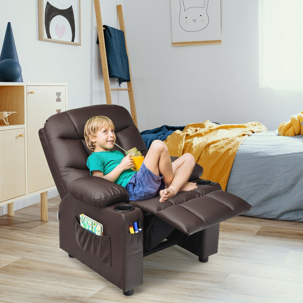 Premium Kids Recliner Chair With Cup Holder And Footrest PU Leather Toddler Lounger With Storage Po 2